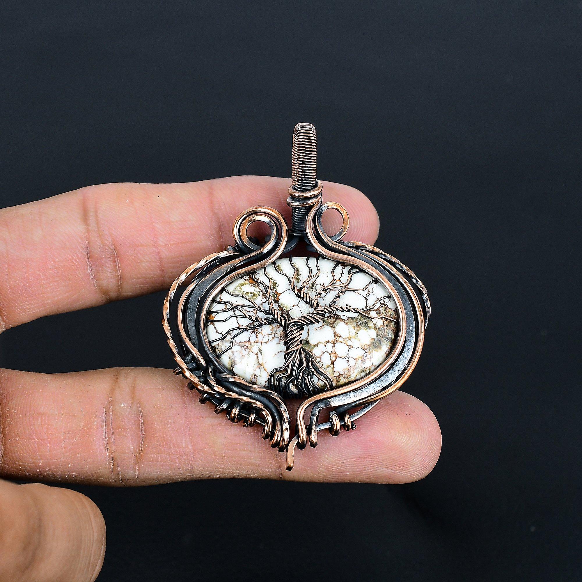 

Кулон Древо Жизни из Яшмы Дикой Лошади, Кулон, обернутый медной проволокой 999 пробы, Ювелирное изделие ручной работы - Кулон Древо Жизни из драгоценного камня 2.36 Inches