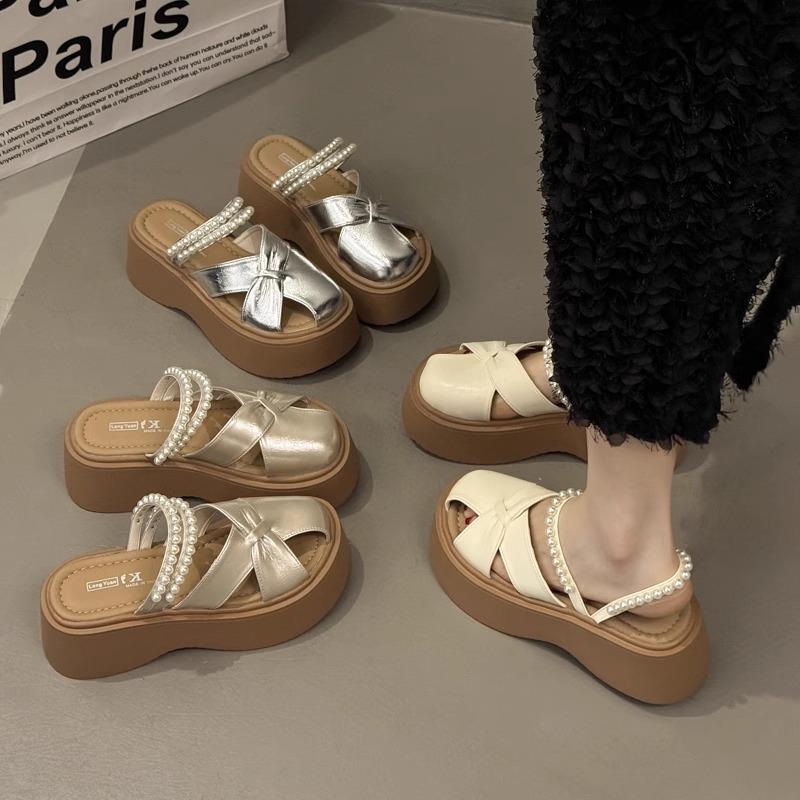 Baotou Half Slippers Women's New Summer Pearls Two Wear Thick Bottom Design Sense Hollow One Pedal Lazy Half Tray