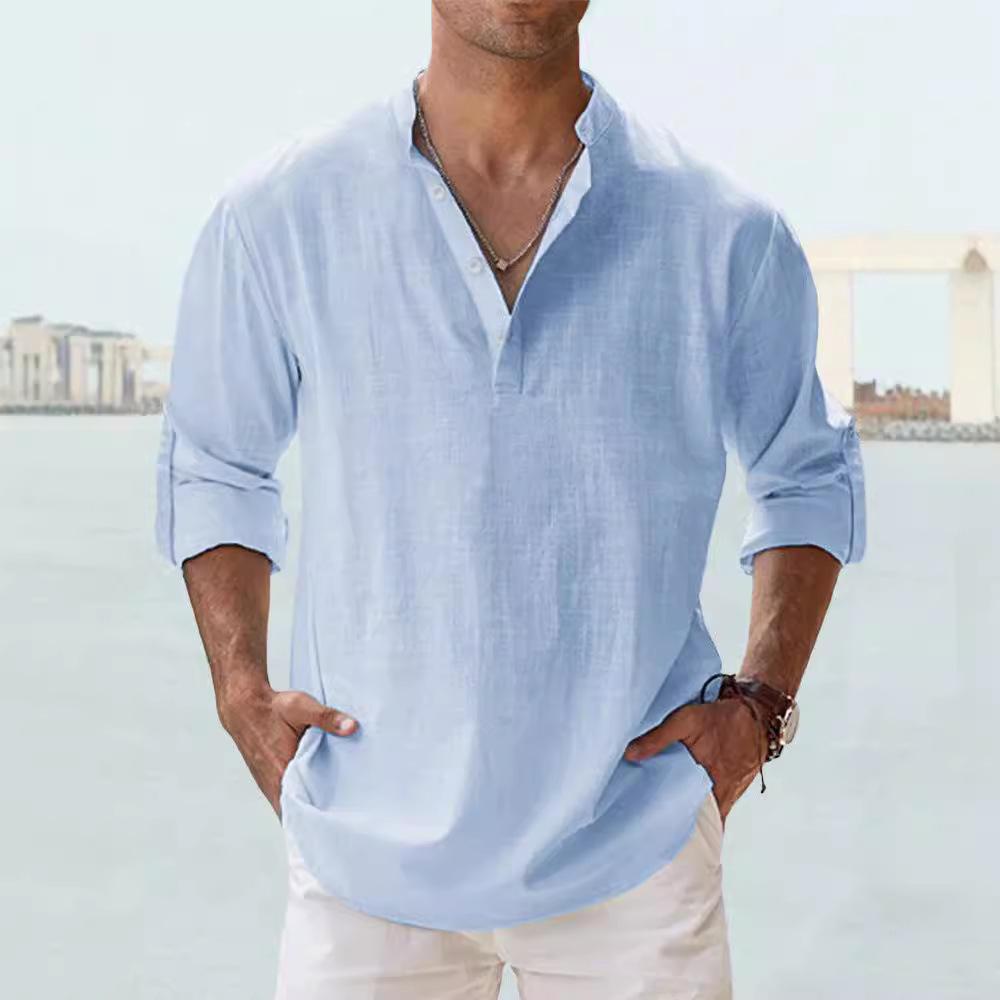 Men's Linen Stand Collar Long Sleeve T-shirt Loose Sweatshirt Solid Color Long Sleeve Cotton Linen Shirt Men