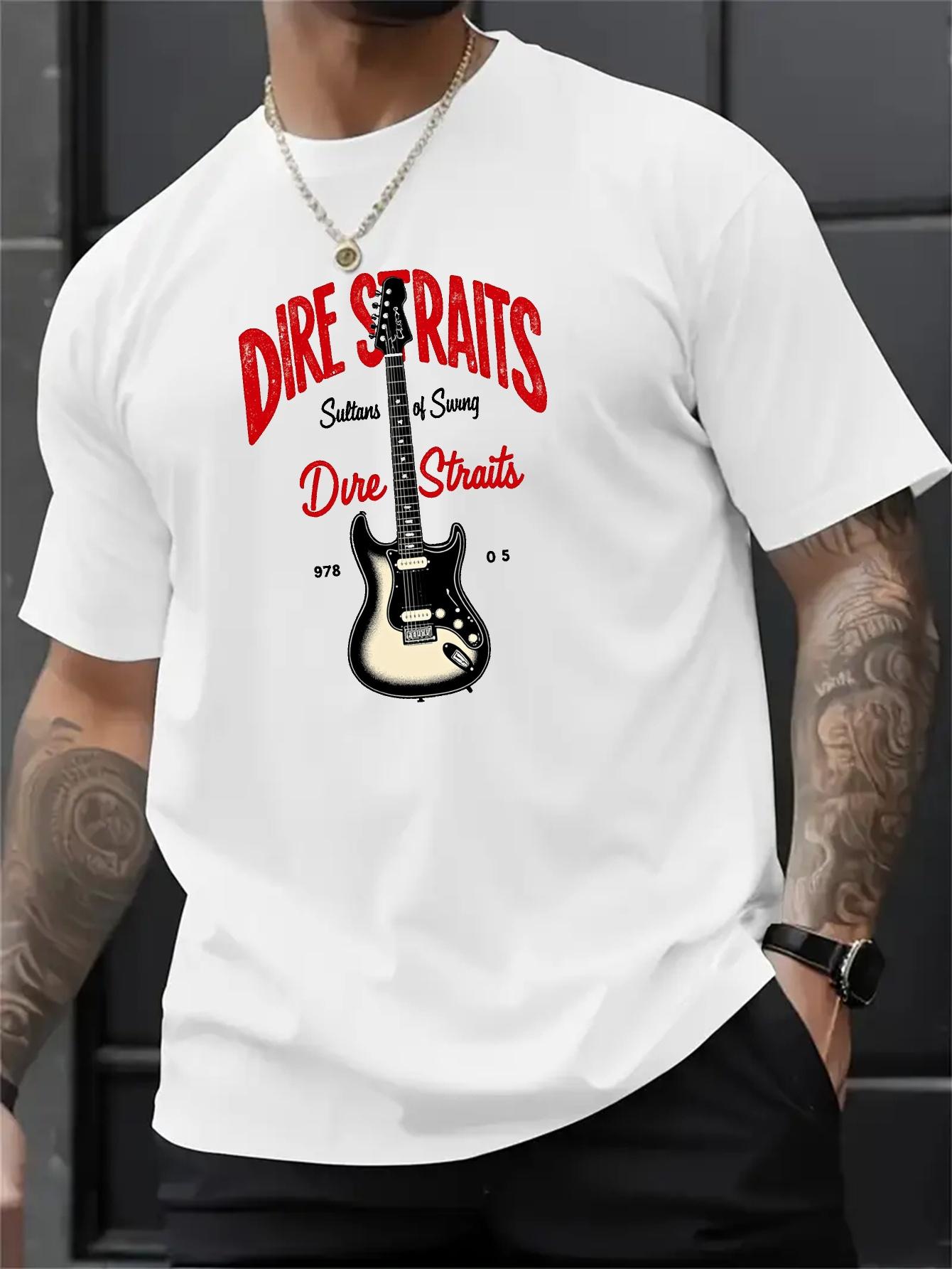 lie Navy Blue Graphic T-shirt - Cotton Blend Stretch Tee with Electric Guitar Design S