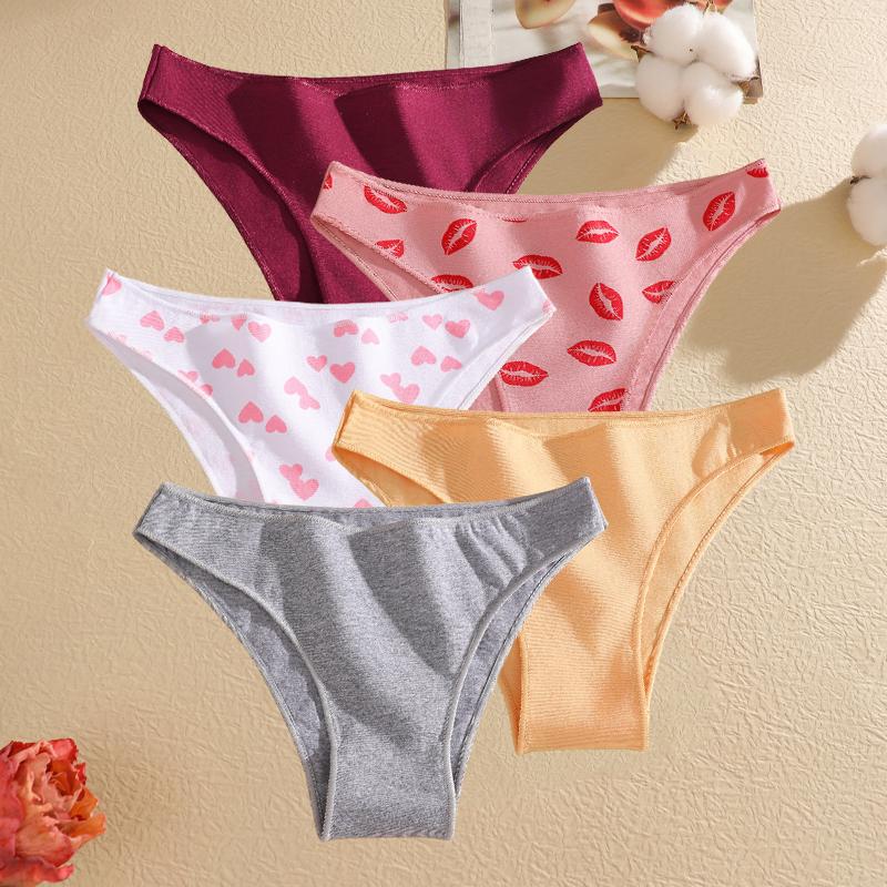 FINETOO 5Pcs/Set Seamless Cotton Cherry Lips Printing Panties Women Sexy Low Waist Cotton Crotch Spring Autumn Underwear Ladies Lingerie