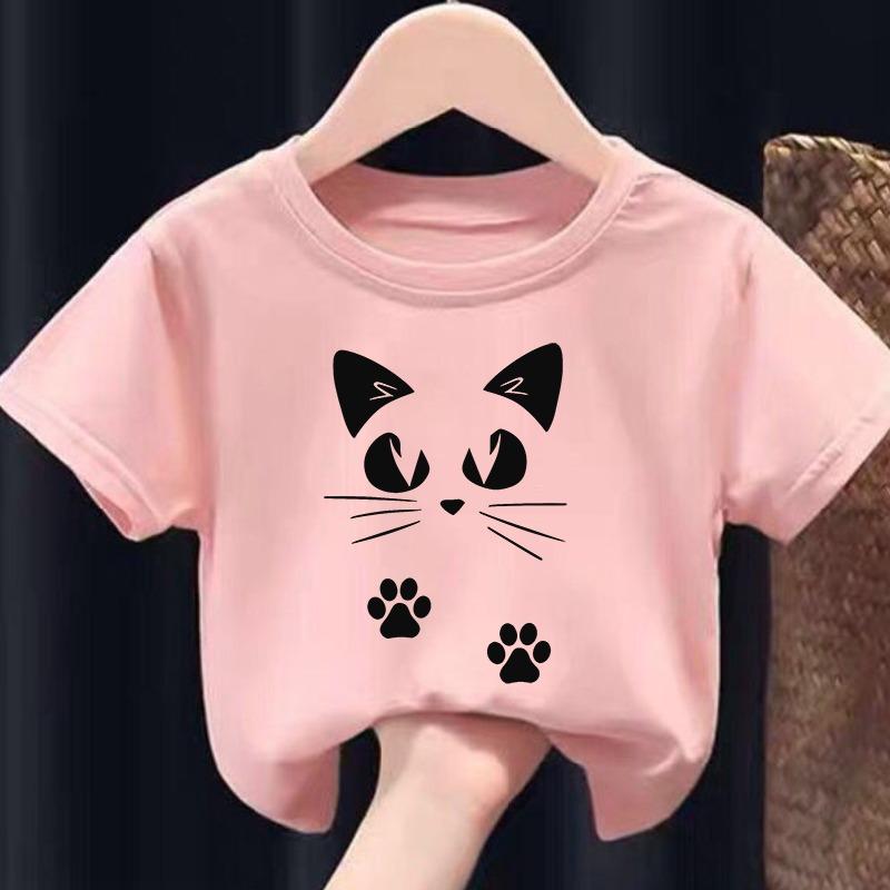 New Cartoon cat Print Black and White Summer Short-sleeved Children's T-shirt with Children's Clothing Boys Girl Clothes