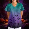 Women's Halloween Print Loose Fit V Neck Short Sleeve Scrub Top with Pockets Medical Uniform Workwear for Healthcare Professionals