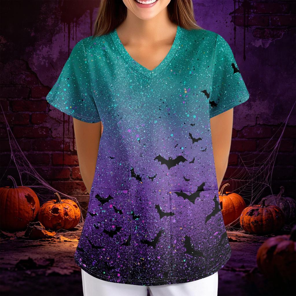 Women's Halloween Print Loose Fit V Neck Short Sleeve Scrub Top with Pockets Medical Uniform Workwear for Healthcare Professionals