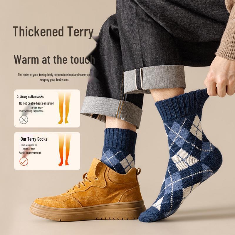 Men's Thick Winter Socks, Mid-Calf, Pure Cotton, Plus Velvet, Warm Terry Cloth, Loose Fit, Black, Large Size.