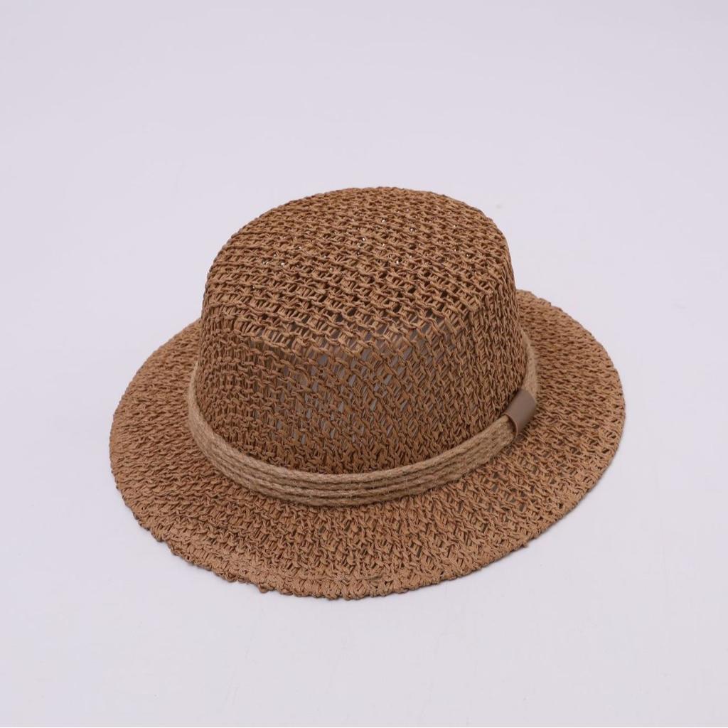 French fashionable handmade straw hat women's summer versatile flat top top hat hemp rope decorative beach sunshade photo hat