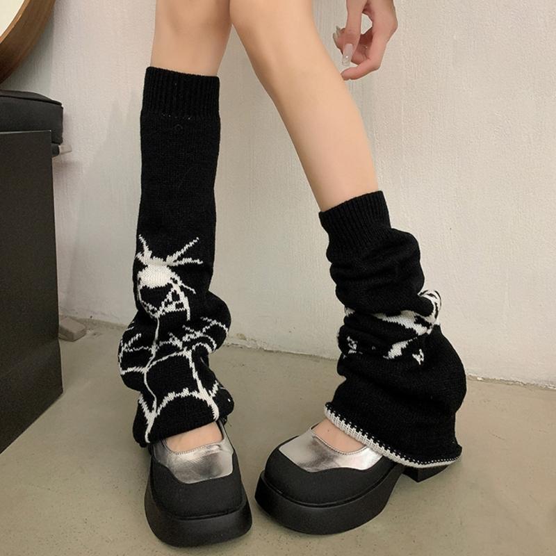 Harajuku Punk Spiderweb Knitted Leg Warmers Japanese Women Gothic Knee Length Long Socks Leggings Boot Cuffs Foot Covers