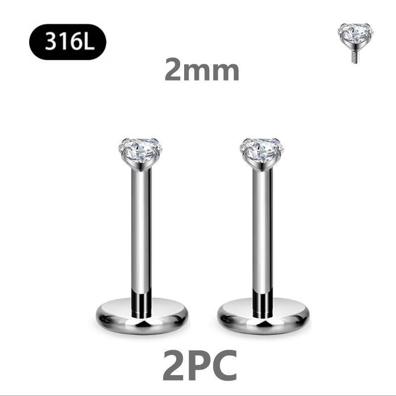 2/4PC Labret Tragus Stud Earrings 16G Surgical Stainless Steel CZ Crystal Monroe Helix Cartialge Conch Medusa Lip Body Piercing