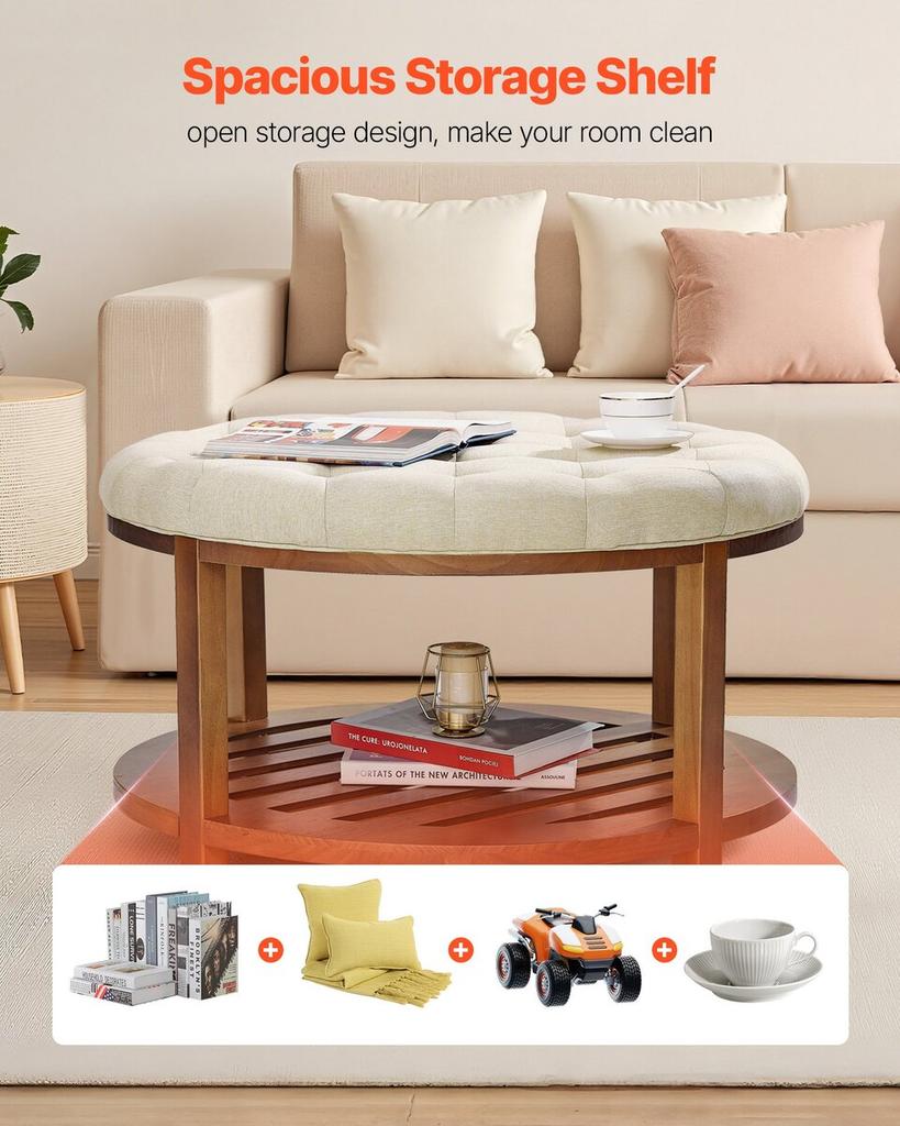 Large Round Ottoman Coffee Table, 81 cm Tufted Coffee Table with Solid Wood Shelf Storage, Linen Solid Upholstered Footrest Ottoman for Bedroom Living