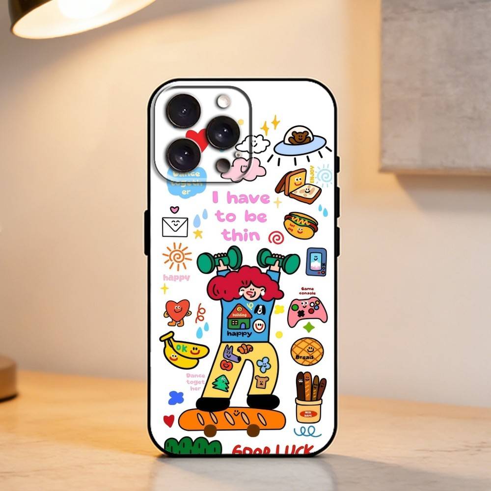 Ins Korean funny and happy girl Phone Case For iPhone 17,16,15,14,13,12,11 Plus,Pro Max,XS,Soft Silicone Black Cover