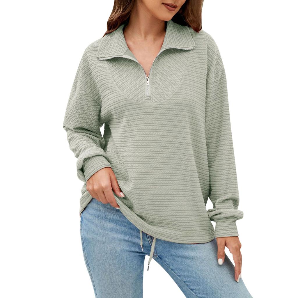 Women's Fashion Lapel Zipper Drawstring Loose Pullover Long Sleeve Casual Sweatshirt