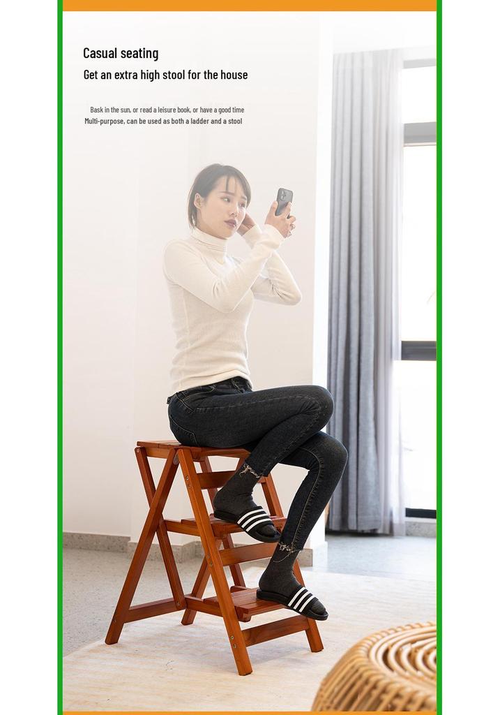 Solid Wood Foldable Ladder with Non-Slip Steps - Multi-Functional, Portable, Stackable, and Ideal for Household Climbing and Storage.