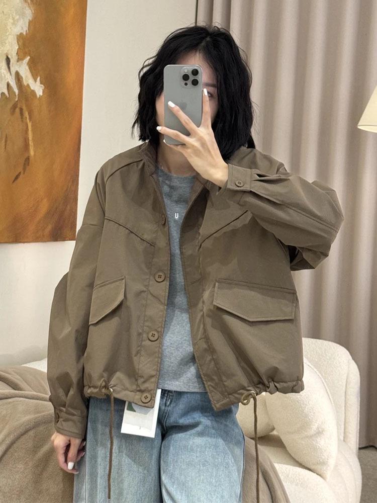 2025 Women's Frosted Jacket: Spring Fashion Loose Casual Solid Color Stand-Up Collar Top.