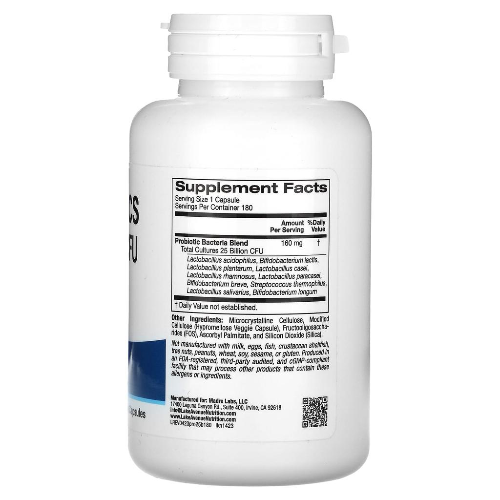 Lake Avenue Nutrition, Probiotics, Blend of 10 Strains, 25 Billion CFU, 180 Veggie Capsules