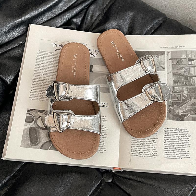 Flat-bottomed slippers women's summer fashion belt buckle soft bottom versatile word lazy pedal beach cool slippers