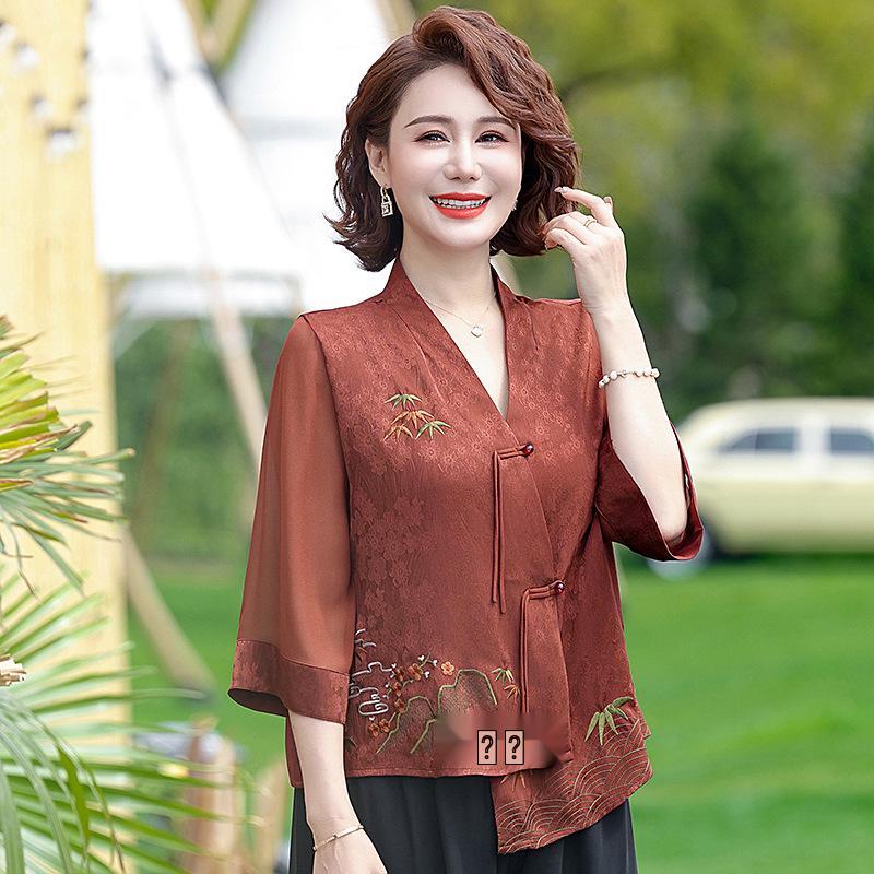 

2025 New Summer Chiffon Shirt Suit: Elegant Embroidered Top for Middle-Aged Women 5XL [150-165 kg]