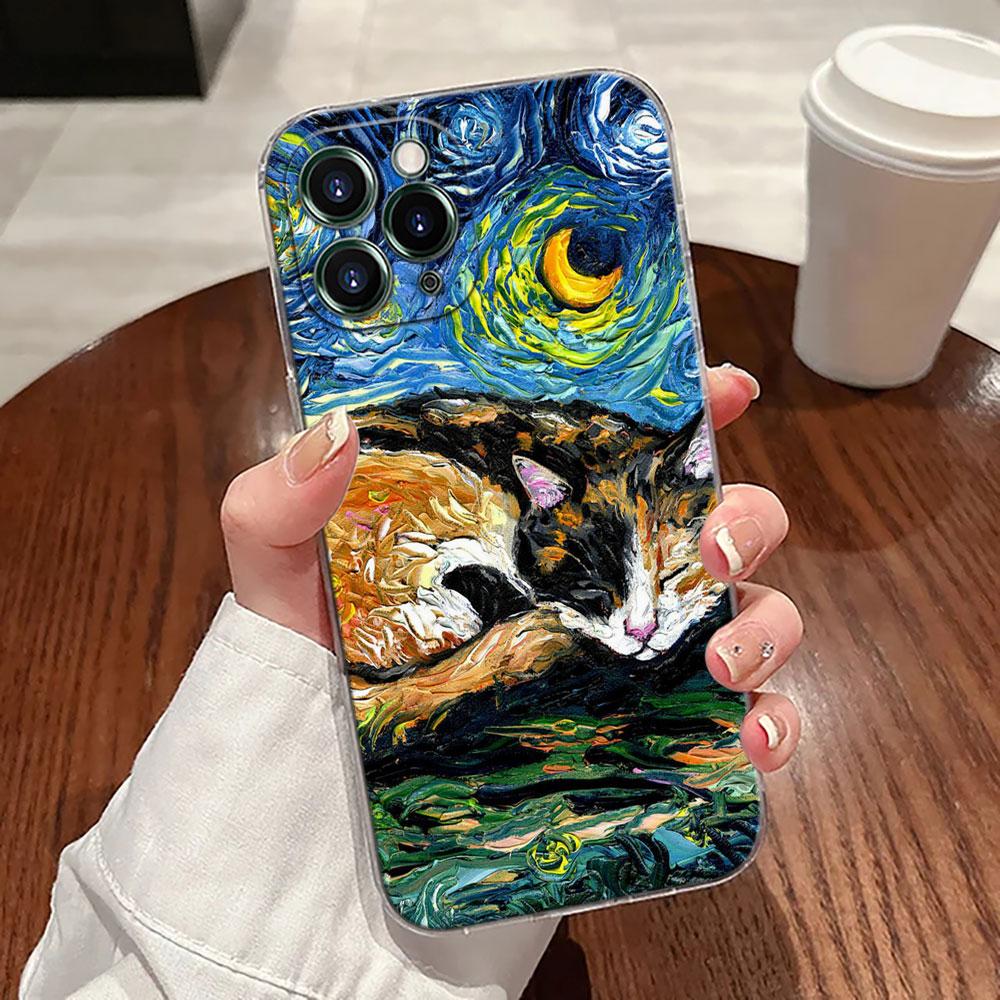 Cat Van Gogh Starry Night Oil Painting Case For Apple iPhone 17 16 15 14 13 12 11 Pro Max Plus 16E 17Air 17Pro Phone Cover Funda