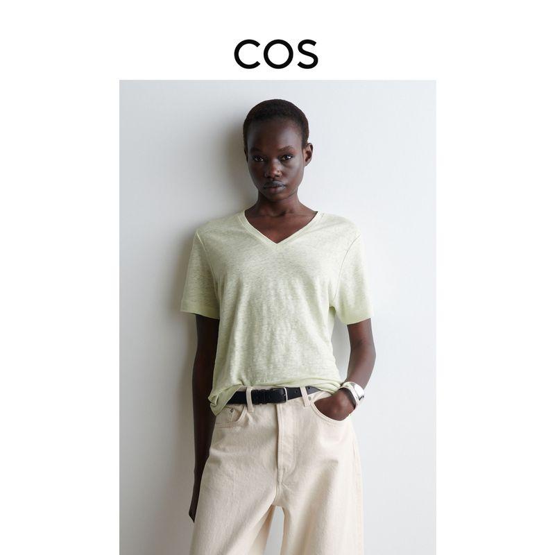 

Cos Women clothes Standard Edition V-neck Linen T-shirt Light Green 2025 Summer New Product 1277144004 Light green 160/88A