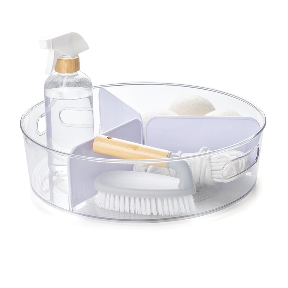 Clear Lazy Susan Turntable with Removable Dividers Storage Solution Kitchen Bathroom Laundry Room Organization Easy Carry Handle