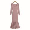 2025 quadratischer Halsausschnitt Fischschwanz-Kleid mit Fleece-Futter – Mehrfarbig, Langarm, Eleganter Stil für Pendeln und Verabredungen