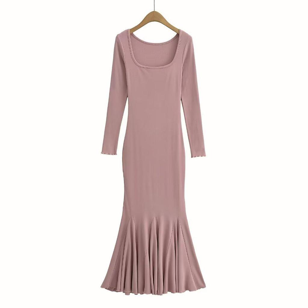 2025 quadratischer Halsausschnitt Fischschwanz-Kleid mit Fleece-Futter – Mehrfarbig, Langarm, Eleganter Stil für Pendeln und Verabredungen