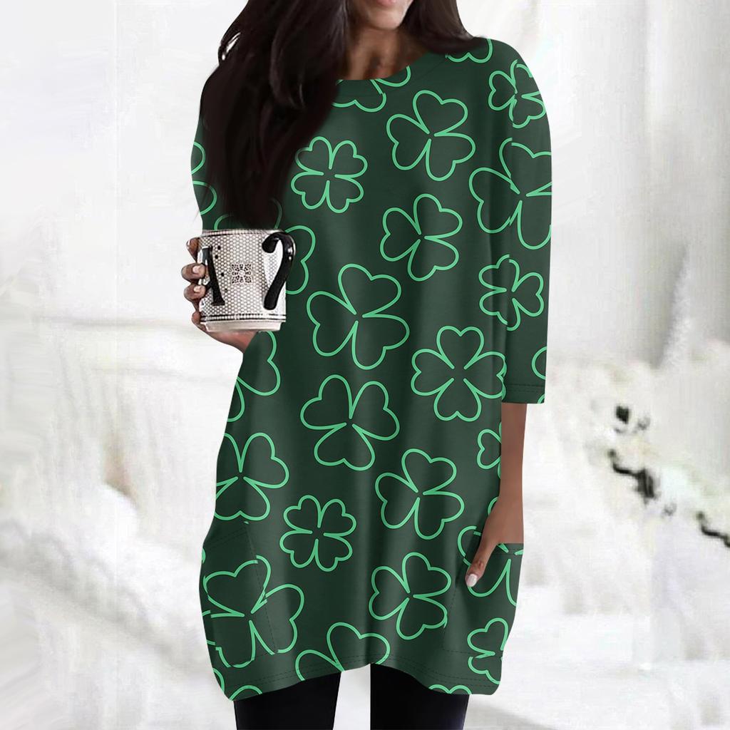 Women's  Casual 3/4 Sleeve Shirts Fashion St Patrick's Print Tunic Tops With Pockets