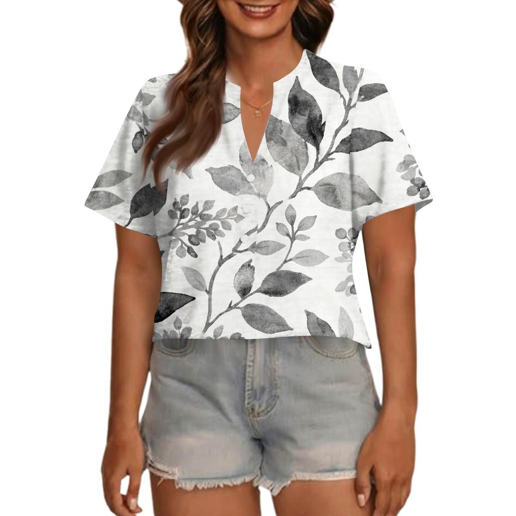 Women's Fashionable Casual V Neck Button Up Oversized Short Sleeve Printed Top