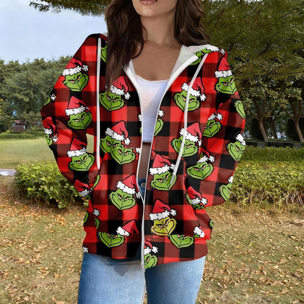 Women's Casual Fashion Long Sleeve Zipper  Printed Hooded Sweatshirt