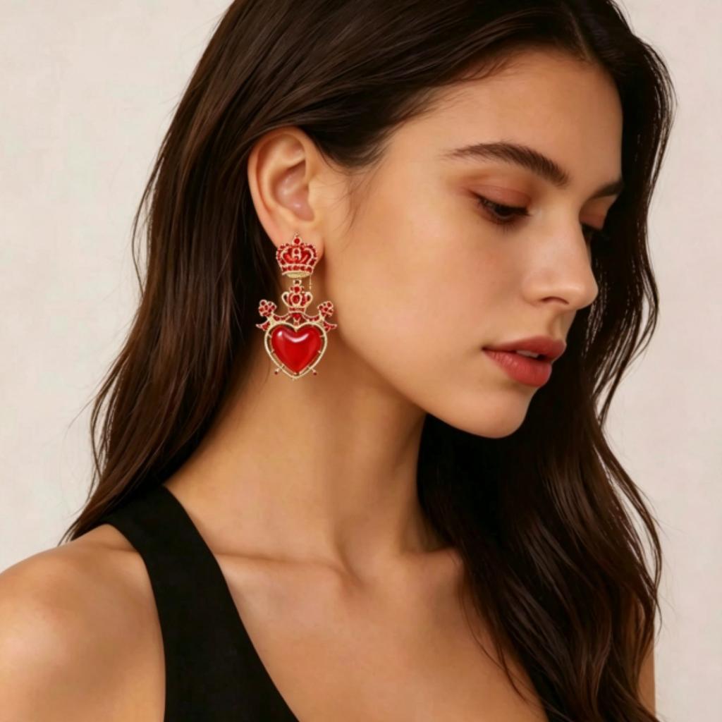Vintage Long Earrings Medieval Vintage Red Love Inlaid Gemstone Rhinestone Stud Earrings Accessories
