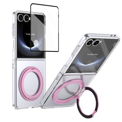 Metal Ring Stand Magetic Case for Samsung Galaxy Z Flip 7 6 5 4 with 360 Swivel Bracket Clear Cover Clear Glass Screen Protector