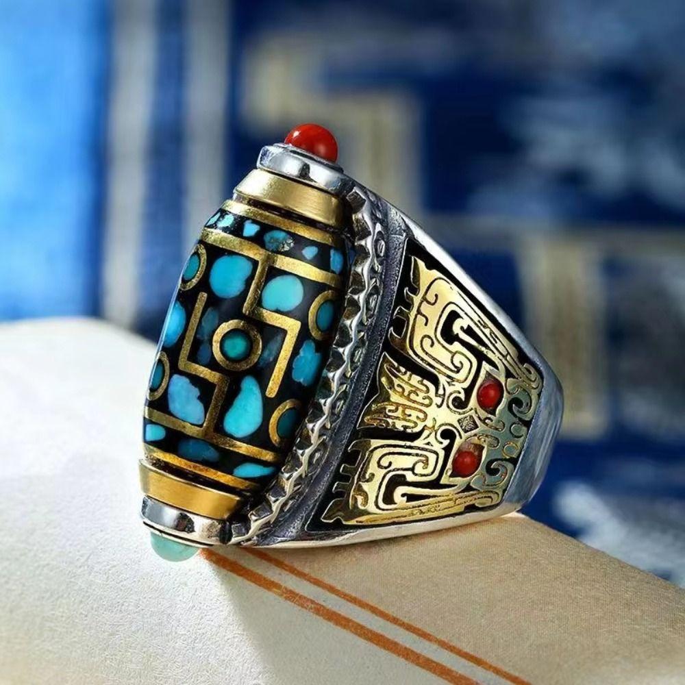 Six-character Mantra Nine Turns Dzi Ring Adjustable Size Rotatable Finger Ring Handmade