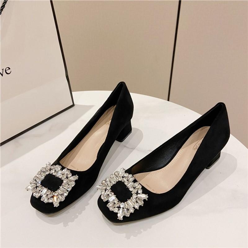 

Premium thick heel rhinestone temperament single shoes women s 2025 summer new black commuter shoes with skirt high heels 35