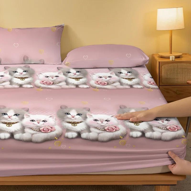 1 Couple Cute Cat Patterned Frosted Bedsheet, Bedroom Printed Bedspread, Bedding (excluding Pillowcases)