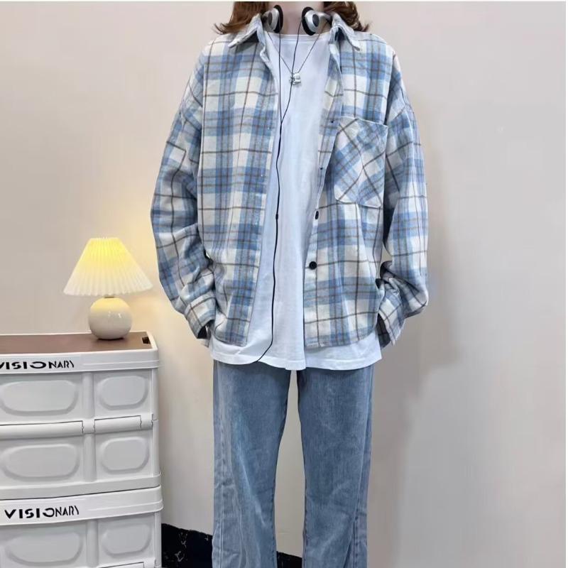 

Женская ретро клетчатая свободная рубашка-куртка - Топ с длинным рукавом для многослойности на весну/осень M синий