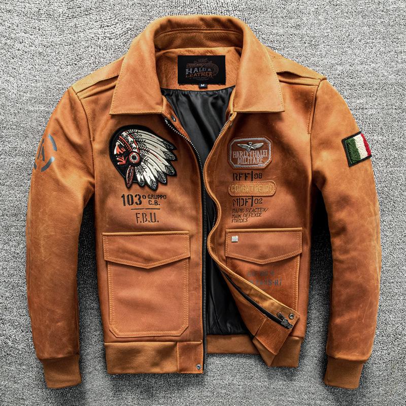 

Куртка из натуральной кожи толщиной 1,8 мм, верхний слой коровья кожа, меняющая цвет от воска, ретро вышитая кожаная куртка для мужчин 5XL оранжевый