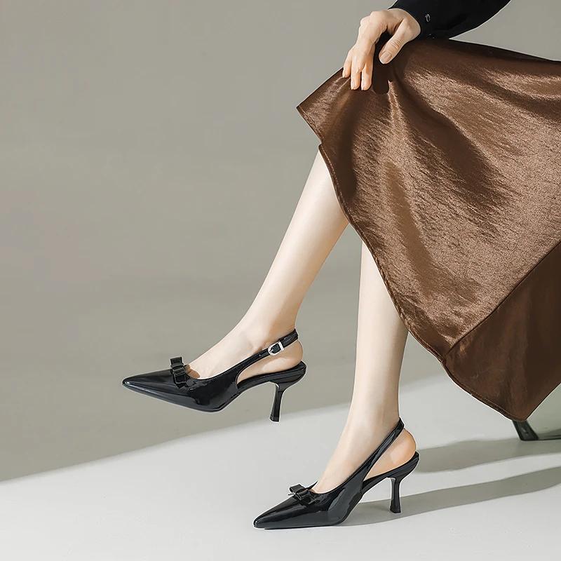 2025 Modern Office Shoes for Women Black Wedding Slingback Pointed Toe Butterfly Decoration Female High Heeled Sandals