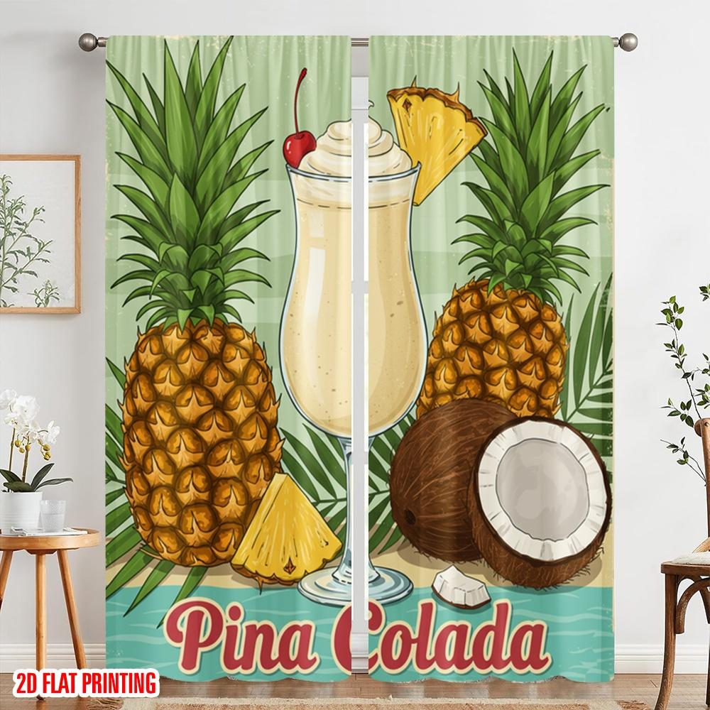 2pcs 2D flat printing Party Curtains Pina Colada Cocktail Tropical 100% Polyester Fabric Without Electricity Festive Wall Decor