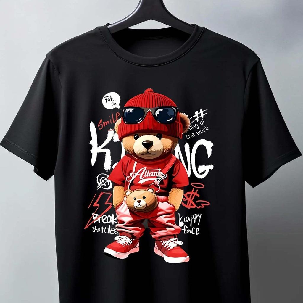 Camiseta de Algodón de Manga Corta con Estampado Gráfico de Osito de Peluche Moda Verano Unisex Hombres Mujeres Casual Holgada Ropa de Moda