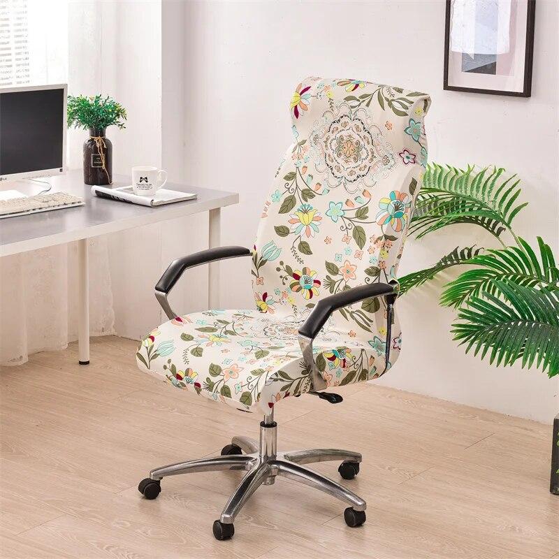 Geometrisk Kontor Datastol Trekk Blomstertrykt Kontorstol Slipcover med Glidelås Sklisikkert Roterende Spillsete Beskytter