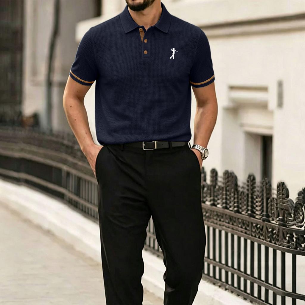 Men Mesh Ice Silk Short Sleeve Polo Shirt with Shirt Collar Button Closure and Embroidered for Summer Casual Wear