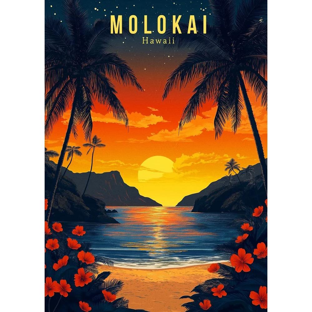 Hawaii Travel Posters Oahu Waikiki Sunset Vintage Tropical Prints Beach Ocean Canvas Painting Wall Art Pictures Home Room Decor