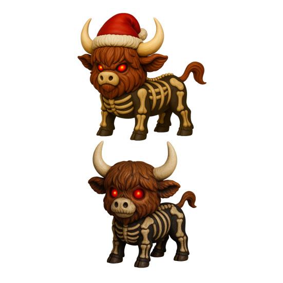 Halloween Skeleton Highland Cow Statue Spooky Red Eyes Highland Cattle Figurine Sculpture Home Office Desktop Decoration Ornament