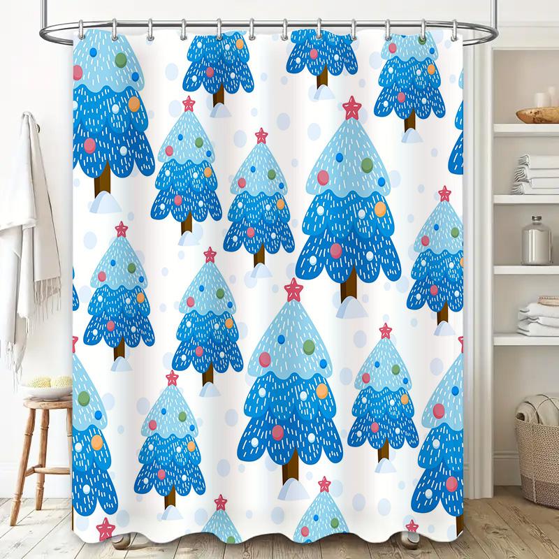GAEChristmas Tree Shower Curtain Blue Festive Pattern with Red Stars White Shower Curtains for Bathroom Decor Size69x70 (LxW)