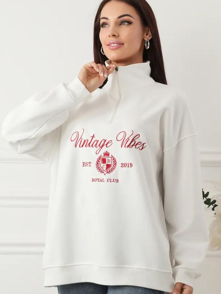 Women's Half Zip Polo Sweatshirt Loose Fit Vintage Letter Embroidery Casual Pullover Oversized Top