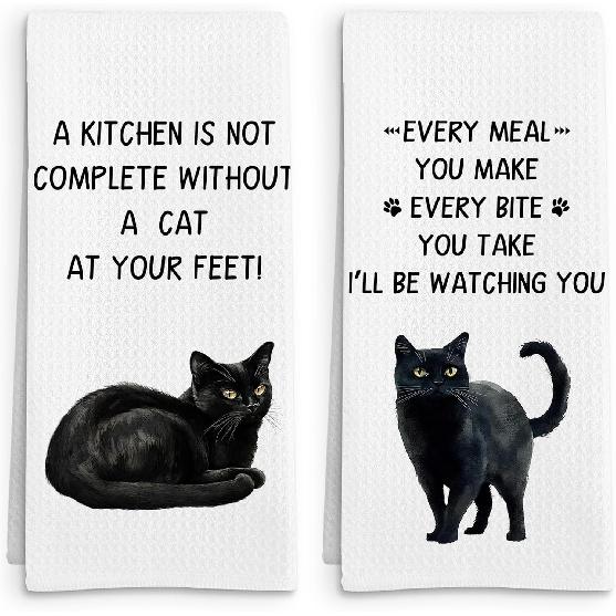 Black Cat Gifts Kitchen Towels Set of 2, Gifts for Black Cat Lovers Hand Towel, Every Meal You Make BlackCat Decorative Tea Dish Towels for Kitchen, Black Cat