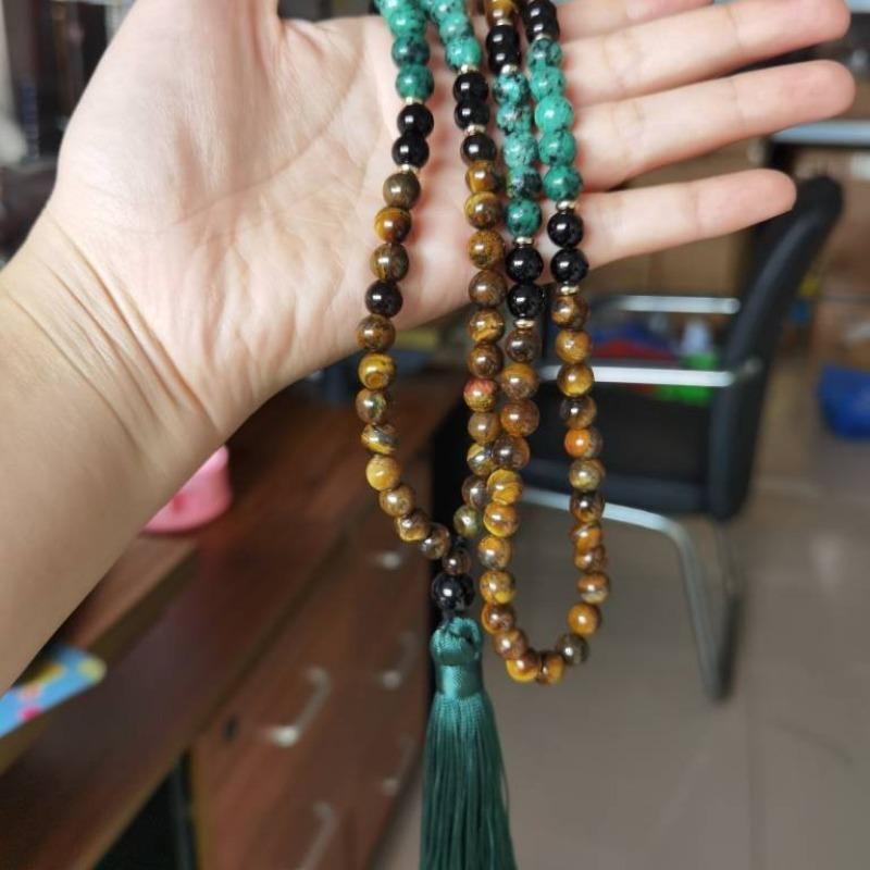 Tiger's Eye African Turquoise Mala Necklace – Beads Tassel Healing Jewelry, Boho Grounding Gift for Men Women