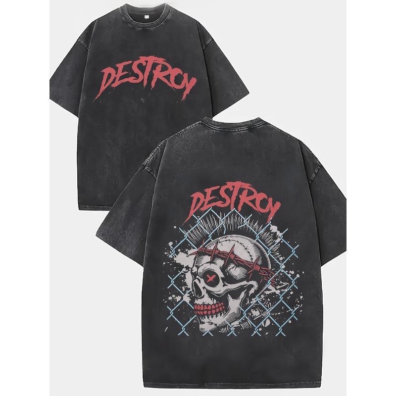 

European Size Retro Fashion Skull Graffiti Washed Fabric Double-sided Printed Round Neck T-shirt, Street Trend Men s T-shirt, Pure Cotton, S