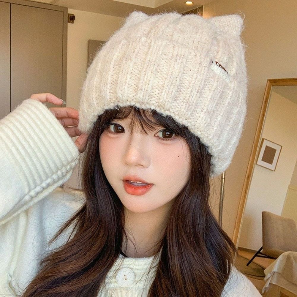 Y2k Cat Ears Hat Wool Women Beanie Hats Lovely Knitted Pullover Hat  Outdoor