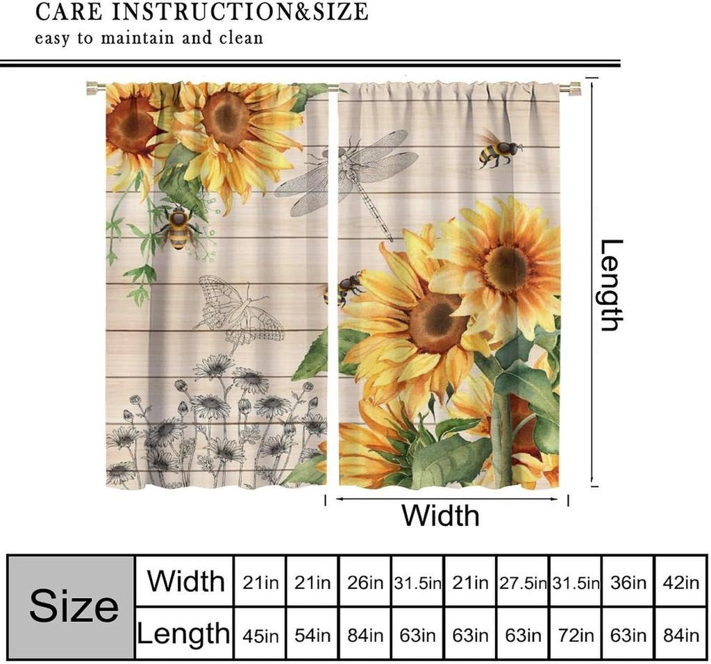 Farmhouse Sunflower Curtains Country Vintage Floral Wooden Board Art Printed Window Drapes Bedroom Kitchen Decor Room Darkening Polyester Master