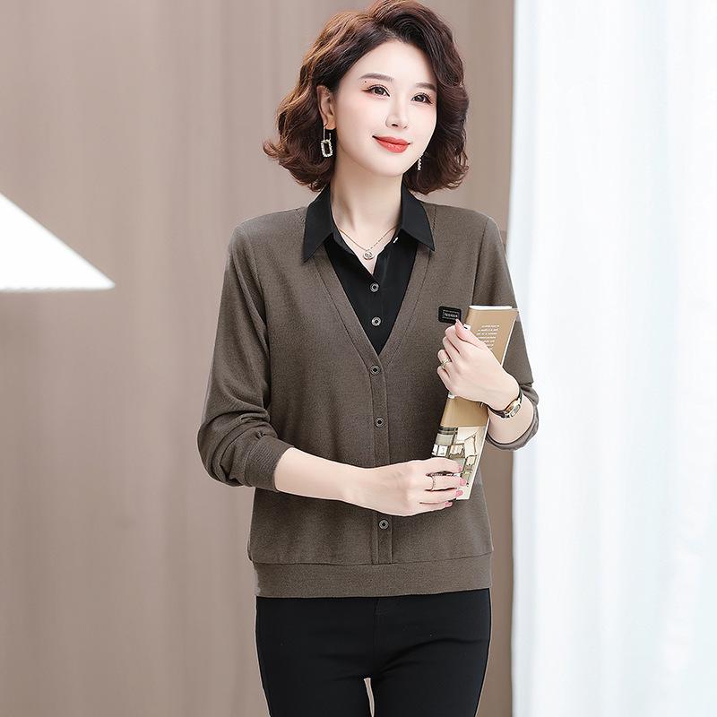 2025 Spring/Fall Two-Piece Collar Long Sleeve Top for Middle-Aged and Elderly Women